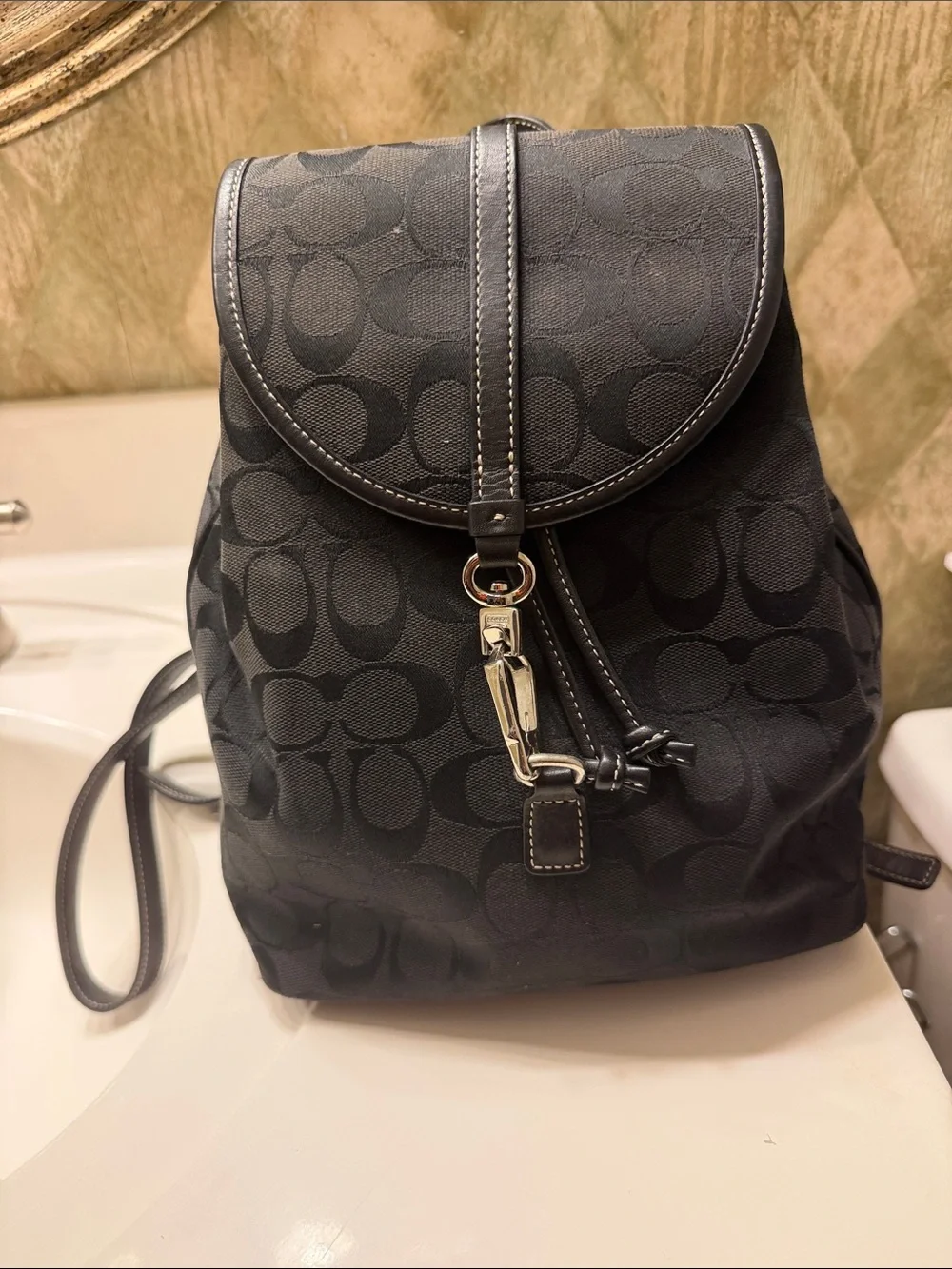 Coach Black Signature Monogram Backpack with Silver Hardware